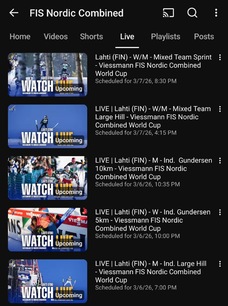 Lahti Suomi Salpausselän kisat - Yhdistetty Nordic Combined maailmancup live streamien aikataulu