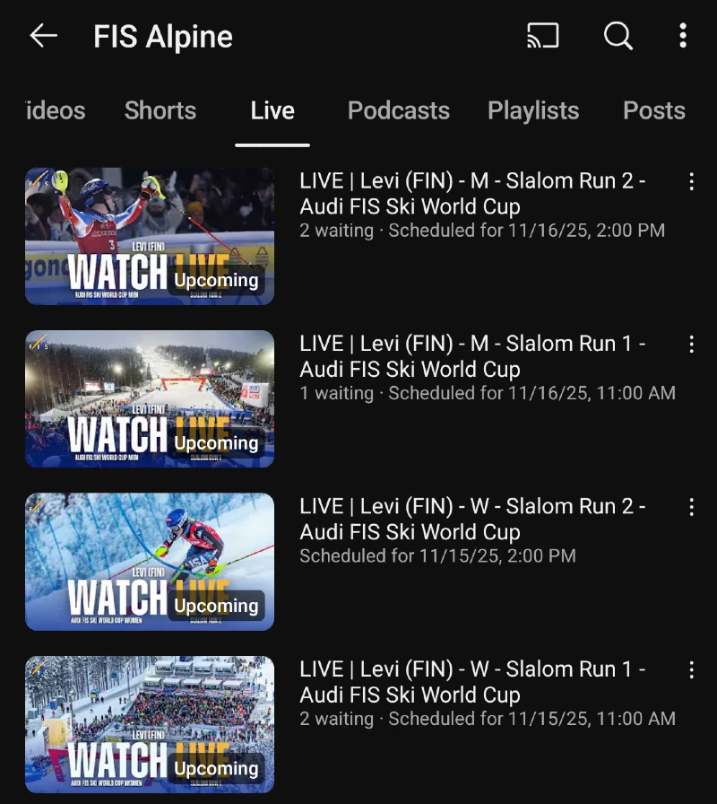 Levi Suomi - Alppihiihdon maailmancup live streamien aikataulu
