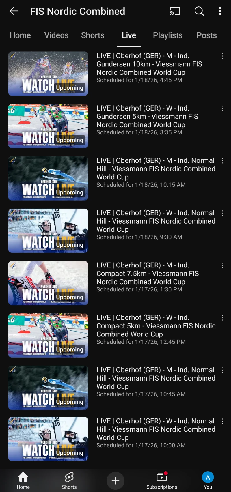 Oberhof Saksa - Yhdistetty Nordic Combined maailmancup live streamien aikataulu
