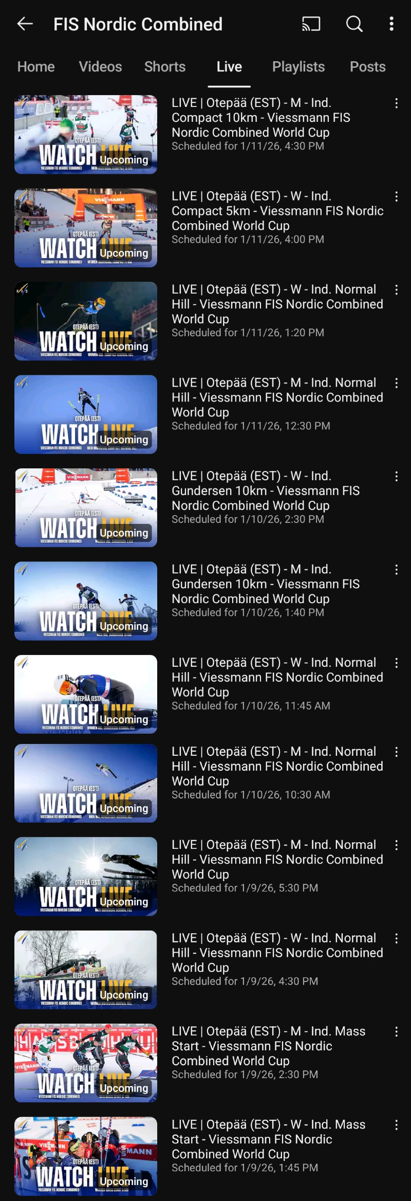 Otepää Viro - Yhdistetty Nordic Combined maailmancup live streamien aikataulu