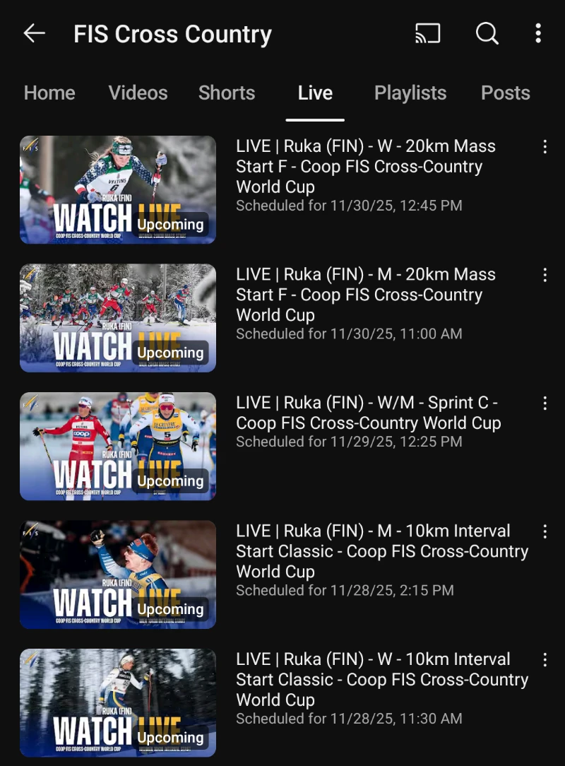 Ruka Suomi - Maastohiihdon maailmancup live streamien aikataulu