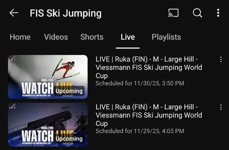 Ruka Suomi - Mäkihypyn maailmancup live streamien aikataulu