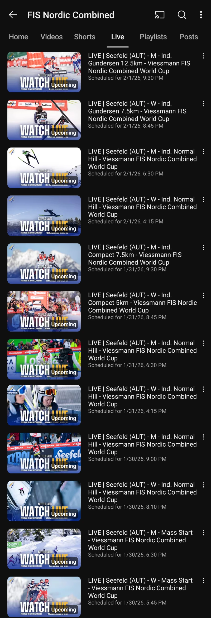 Seefeld Itävalta - Yhdistetty Nordic Combined maailmancup live streamien ja lähetysten aikataulu