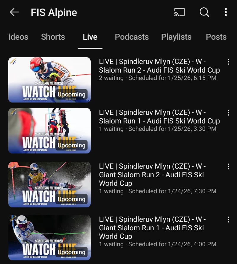 Spindleruv Mlyn Tsekki - Alppihiihdon maailmancup live streamien aikataulu