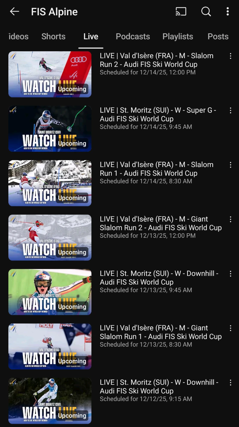 St. Moritz Sveitsi ja Val d'Isère Ranska - Alppihiihdon maailmancup live streamien aikataulu