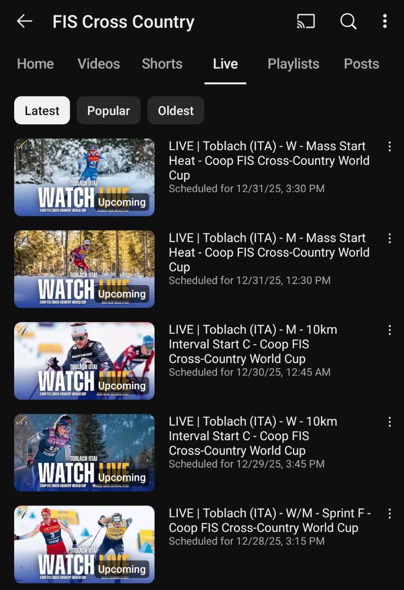 Tour de Ski Toblach Italia 28.12.-21.12.2025- Alppihiihdon maailmancup live streamien aikataulu