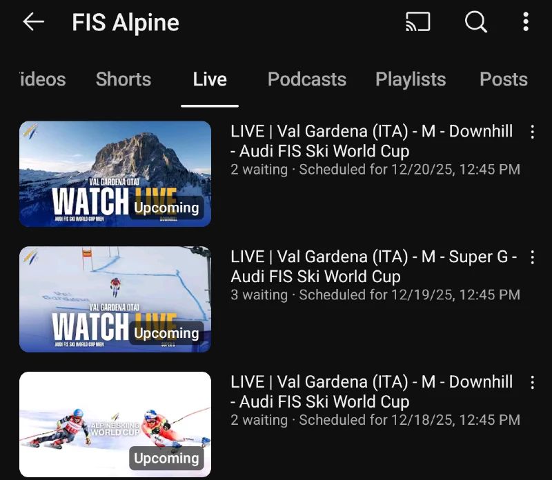 Val Gardena Gröden Italia - Alppihiihdon maailmancup live streamien aikataulu