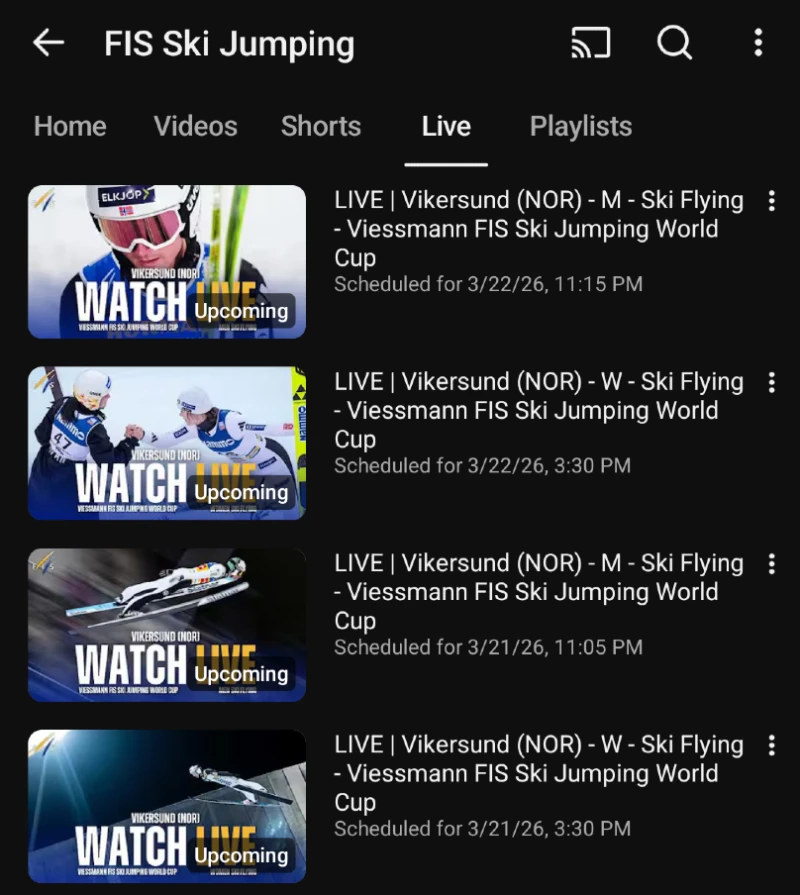 Vikersund, Norja - Mäkihypyn maailmancup live streamien aikataulu