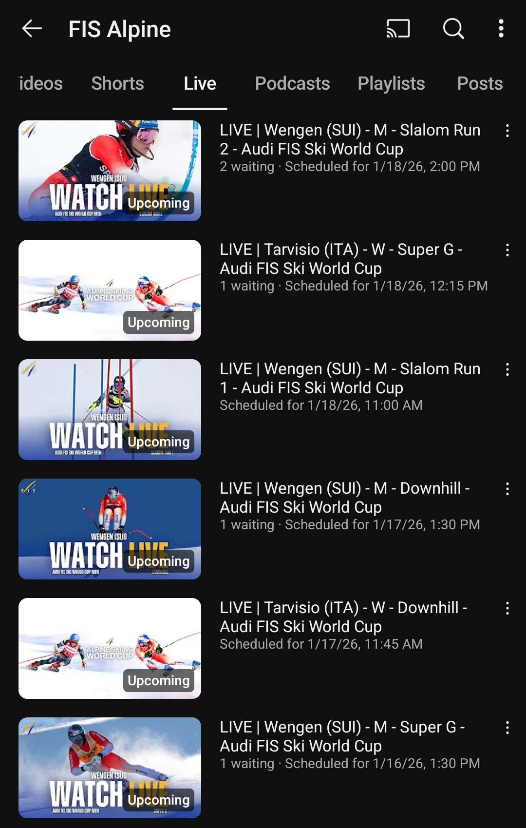 Wengen Sveitsi ja Tarvisio Italia - Alppihiihdon maailmancup live streamien aikataulu
