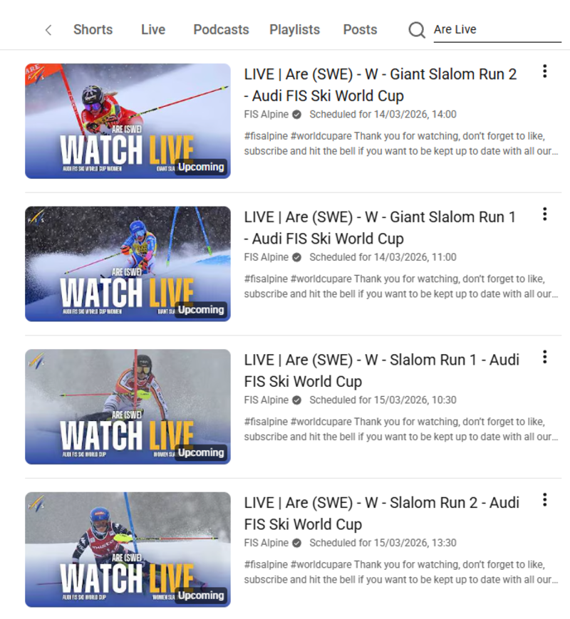 Åre Ruotsi - Alppihiihdon maailmancup live streamien aikataulu